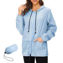 Zando Damen RegenJacke Outdoor Regenmantel Kurzmantel Leicht Jacke Windbreaker mit Kapuze Outdoorjacke Winddicht Windjacke Blau M von Zando