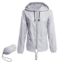 Zando Damen RegenJacke Outdoor Regenmantel Kurzmantel Leicht Jacke Windbreaker mit Kapuze Outdoorjacke Winddicht Windjacke Grau 2XL von Zando