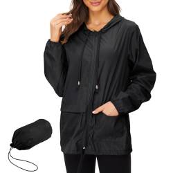 Zando Damen RegenJacke Outdoor Regenmantel Kurzmantel Leicht Jacke Windbreaker mit Kapuze Outdoorjacke Winddicht Windjacke Schwarz 2XL von Zando