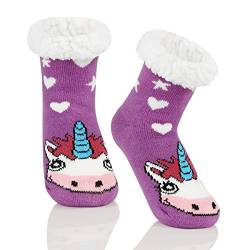 Zando Flauschige Lustig Kuschelsocken Kinder Haussocken Kinder Antirutsch Thermosocken für Mädchen und Jungen Lila-Einhorn 8-12 Jahre von Zando