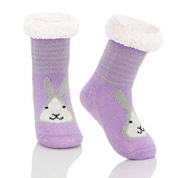 Zando Flauschige Lustig Kuschelsocken Kinder Haussocken Kinder Antirutsch Thermosocken für Mädchen und Jungen Purple Rabbit 6-8 Jahre von Zando