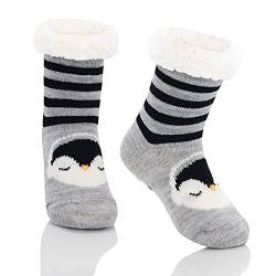 Zando Flauschige Lustig Kuschelsocken Kinder Haussocken Kinder Antirutsch Thermosocken für Mädchen und Jungen Schwarzer Pinguin 8-12 Jahre von Zando