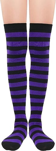 Zando Gestreift Kniestrümpfe Damen Overknees Strümpfe Sportsocken Thigh High Warm Lange Socken für Mädchen Schwarz Lila Streifen von Zando
