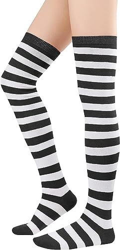 Zando Gestreift Kniestrümpfe Damen Overknees Strümpfe Sportsocken Thigh High Warm Lange Socken für Mädchen Weiß Schwarz Streifen von Zando