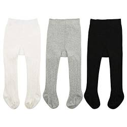 Zando Kinder Strumpfhosen Mädchen Baby-Strumpfhosen Baumwolle Socken Kinderstrumpfhose Leggings Baby Kleinkind 3 Paar-Weiß Schwarz und Hellgrau 1-2 Jahre (Tag Size L) von Zando