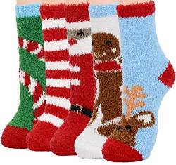 Zando Kuschelsocken Damen Flauschige Socken Stoppersocken Wollsocken Warm Wintersocken Weihnachtssocken 5 Paare B Einheitsgröße von Zando