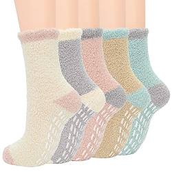 Zando Kuschelsocken Damen Flauschige Socken Stoppersocken Wollsocken Warm Wintersocken Weihnachtssocken 5 Paare E Einheitsgröße von Zando