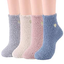 Zando Lustige Kuschelsocken Damen,Winter Flauschige Weiche Thermosocken,Dicke Stoppersocken Haussocken 4 Paare herzförmig von Zando