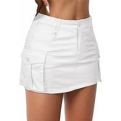 Zando Niedrige Taille Jeansrock Damen Rock mit Taschen Hosenrock Damen Sommer Minirock mit Knöpfen Weiß M von Zando