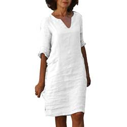 Leinenkleid Damen Halbarm Sommer Elegant Sommerkleid Strandkleidung Leichte Casual Knielang Freizeitkleider Linen Dress Baumwolle V-Ausschnitt Italienische Leinenkleider Blusenkleid Mode Tunikakleid von Zannycn