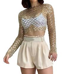 Mesh Oberteil Damen Schwarz Langarm Glitzer Netz Oberteil Mit Perlen Kurzes Transparent Netzoberteil Rave Festival Outfit Y2K Long Sleeve Netz Top Hip Hop Kleidung Sexy Tulle Mesh Shirt von Zannycn