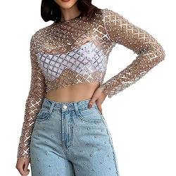 Mesh Oberteil Damen Schwarz Langarm Glitzer Netz Oberteil Mit Perlen Kurzes Transparent Netzoberteil Rave Festival Outfit Y2K Long Sleeve Netz Top Hip Hop Kleidung Sexy Tulle Mesh Shirt von Zannycn