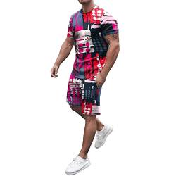 Zannycn Herren Schlafanzug Kurz Print Zweiteiler Bedruckte Kurzarm Herren Kurz Pyjama Sommer Pyjama Set Trainingshose Kurzarm-T Jogging-Sets (q1-Red, XXL) von Zannycn