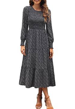 Zattcas Damen Frühlingskleider 2024, Winter, langärmelig, gesmoktes Mieder und Bündchen, Boho-Blumenmuster, Midi-Kleid mit Taschen, Schwarz, Mittel von Zattcas