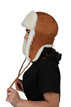 Zavelio Unisex Shearling Schaffell Leder Aviator Russische Ushanka Trapper Winter Fellmütze, cognac, 62 von Zavelio