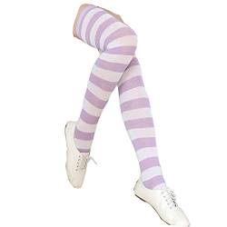 Damen Kniestrümpfe Lange Streifen Socken Overknee Strümpfe Kniestrumpfe Strumpfhose Socken für Erwachsene Feinkniestrümpfe,H Lila und Weiße Streifen von Zaxgf