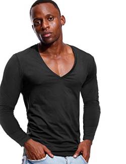 Tiefer V-Ausschnitt Shirts Herren Langarm Stretch T-Shirt Low Cut Unterhemden Tees Gr. L, Schwarz von Zbrandy