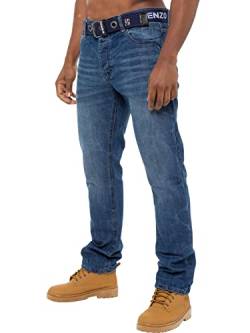 Enzo Designer-Herren-Jeans, gerades Bein, normale Passform, Denim-freier Gürtel, King-Size, Mid-Stonewash, 36 W / 32 L von Ze ENZO