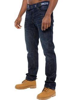 Enzo Designer-Herren-Jeans mit geradem Bein, normale Passform, Denim-freier Gürtel, King-Size-Größen, Dark Stonewash, 38 W / 34 L von Ze ENZO