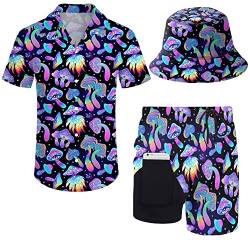 ZePinger Herren 80er Jahre Hemd und Shorts Set 80er 90er Jahre Outfit 90er Jahre Hemd Anzüge mit Bucket Hats, Magic Mushrooms Psychedelic Colorful, X-Large von ZePinger