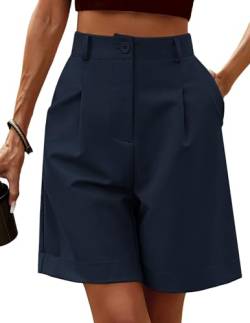 Zeagoo Bermuda Shorts Damen Casual Elastische Hohe Taille Weite Bein Kurzhose Business Anzughosen Sommer Shorts mit Taschen Navy Blau L von Zeagoo