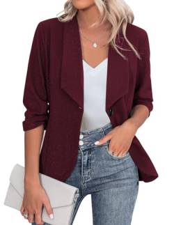 Zeagoo Blazer Damen Elegant Sportlich 3/4 Arm Business Jacke Offene Front Arbeit Büro Jacke Blazer Weinrot 3XL von Zeagoo