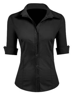 Zeagoo Bluse Damen 3/4 Ärmln V-Ausschnitt Slim Fit Geknöpfte Tunika Baumwolle Frauen Shirt Sommer Schwarz S von Zeagoo