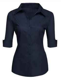 Zeagoo Bluse Damen Elegant 3/4 Ärmln Bluse V-Ausschnitt Slim Fit Geknöpfte Tunika Baumwolle Frauen Shirt Sommer Navyblau S von Zeagoo