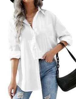 Zeagoo Bluse Damen Elegant Lange Ärmel Hemdbluse Baumwolle Locker Tunika Tops Button Down Shirts mit Knöpfen Weiß L von Zeagoo
