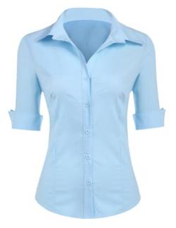 Zeagoo Bluse Damen Kurzarm Slim Fit Hemd mit V-Ausschnitt Basic Shirt Button Down Casual Tops Oberteile Seeblau XXL von Zeagoo