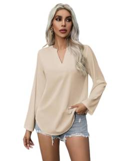 Zeagoo Bluse Damen Langarm Einfarbig Hemd V Ausschnitt Elegant Tunika Tops Longshirt Casual Arbeit Oberteile Aprikose L von Zeagoo