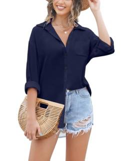 Zeagoo Bluse Damen Langarm Oversize Oberteile Casual Lose Langarmshirt Einfarbige Tunika Hemd Blusen Dunkelblau L von Zeagoo