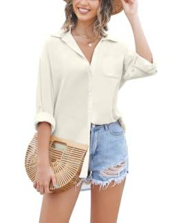 Zeagoo Bluse Damen Langarm V-Ausschnit Hemd Einfarbige Office Oberteile Lockere Passform Basic Shirt Beige L von Zeagoo