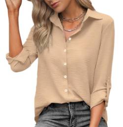 Zeagoo Bluse Damen Langarmshirt Lässig Oberteile Hemd Langarm Einfarbig Tops V-Ausschnitt Shirts 3/4 Ärmel Blusen Arbeit Shirt Khaki XXL von Zeagoo