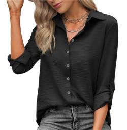 Zeagoo Bluse Damen V-Ausschnitt Hemd Elegant Langarm Casual Oberteile mit Knöpfen 3/4 Ärmel Hemdbluse Arbeit Shirt Schwarz L von Zeagoo