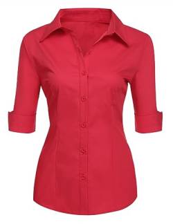 Zeagoo Blusen für Damen Kurzarm Slim Fit Hemd mit V-Ausschnitt Basic Shirt Button Down Casual Tops Oberteile Rot XXL von Zeagoo