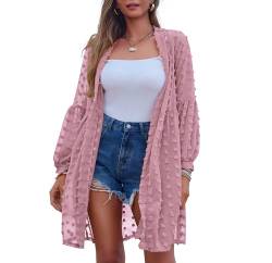 Zeagoo Bolero Spitze Cardiganjacke Casual Sommerjacke Swiss Dot Oberteile Solid 3/4 Arm Beachwear Chiffon Strand Cover Up Tops Rosa S von Zeagoo