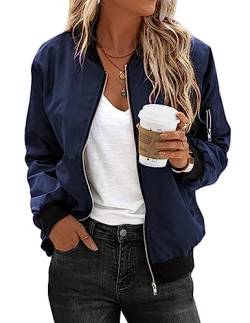 Zeagoo Bomberjacke Damen Übergangsjacke Kurz Langarm Jacke Motorradjacke Leichte Dünne Fliegerjacke mit 2 Taschen Blouson Navy Blau für Fruhling Sommer Herbst S von Zeagoo