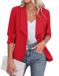 Zeagoo Damen Blazer Elegant 3/4 Arm Business Longblazer Slim Fit Revers Blazer Sakko Casual Arbeit Blazer Anzug Rot 3XL von Zeagoo