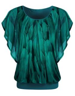 Zeagoo Damen Blumen Bluse Batwing Elegant Falten Tunika Bluse Mesh Doppellagige Shirt Pfau Blau L von Zeagoo