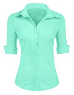 Zeagoo Damen Bluse Baumwolle Hemd 3/4 Arm Tops Shirt Elegant mit Button Down Oberteile Freizeit Tops Eisgrün XS von Zeagoo