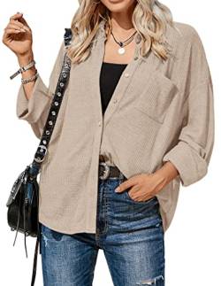 Zeagoo Damen Bluse Einfarbig Pullover Waffel Hemd Langarm Strickjacke Button Down Tuniken V-Ausschnitt Shirt Jacket Blusen Basic Oberteile Loose Mantel Khaki S von Zeagoo