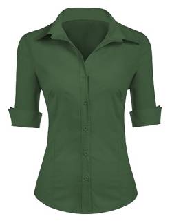 Zeagoo Damen Bluse Elegant Button Down Bluse Slim Fit Schicke Hemden V-Ausschnitt Kurzshirt mit Knopfleiste Dunkelgrün XL von Zeagoo