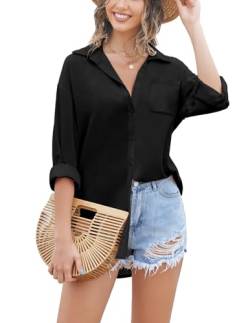 Zeagoo Damen Bluse Elegant V-Ausschnitt Casual Hemdbluse Langarmshirt Tops Büro Business Shirts mit aufrollbaren Ärmeln Schwarz XL von Zeagoo