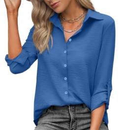 Zeagoo Damen Bluse Elegant V-Ausschnitt Hemdbluse Casual Oberteile Hemd Lose Langarmshirt Tops mit Knöpfen Navy blau L von Zeagoo