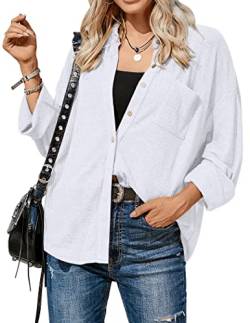 Zeagoo Damen Bluse Freizeit Hemd Herbst Winter Casual Hemdjacke Knöpfen Mantel Warme Langarmshirt Bluse Waffel Jacke Weiß M von Zeagoo