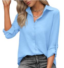 Zeagoo Damen Bluse Freizeit Hemd Langarmshirt Elegant Hemdbluse Knöpfen V-Ausschnitt Blusenshirt Casual Arbeit Shirt Hellblau XXL von Zeagoo