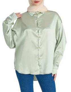 Zeagoo Damen Bluse Satin Elegant V-Ausschnitt Langarm Casual Oberteile Hemd Lose Langarmshirt Tops hellgrün XXL von Zeagoo