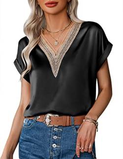 Zeagoo Damen Bluse Satin Tunika Shirt Elegant Hemdbluse Leichte Blusen Festliche T-Shirt Casual Sommerbluse Kurzarm Tops Schwarz XL von Zeagoo