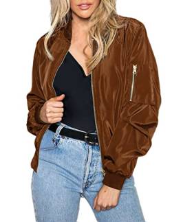 Zeagoo Damen Bomberjacke Casual Mantel Zip Up Outerwear Windbreaker mit Taschen S-XXL, Satin-Hellbraun, M von Zeagoo